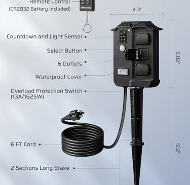 Outdoor Power Stake Timer Waterproof, 6 Grounded Outlets, 6FT Extension Cord, 100FT Wireless Remote 