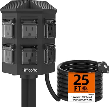 Outdoor Power Strip Weatherproof, 25 FT Extension Cord with Stake, 6 Grounded Outlets for Yard, Pool