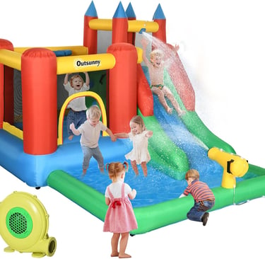 Outsunny 6-in-1 Kids Bounce House Inflatable Water Slide with Pool, Water Cannon, Climbing Wall, Inf