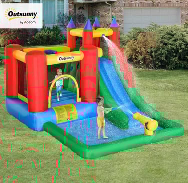 Outsunny 6-in-1 Kids Bounce House Inflatable Water Slide with Pool, Water Cannon, Climbing Wall, Inf