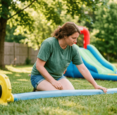 parent checking blower tube for inflatable slide to see if the blower tube is twisted