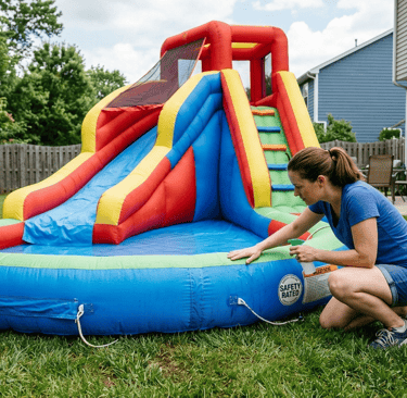 parent inspecting an inflatable slide for leaks in a backyard