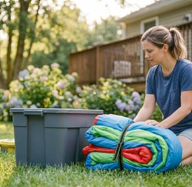 parent looking at a folded inflatable water slide next to a storage bin