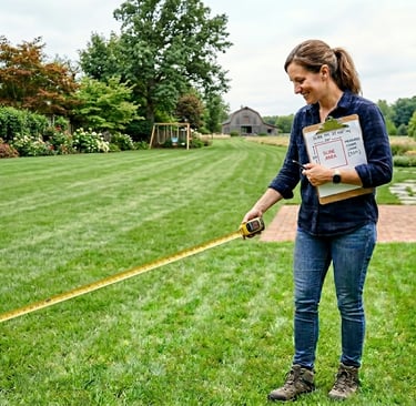 parent measuring backyard space with a tape measure carrying a clipboard