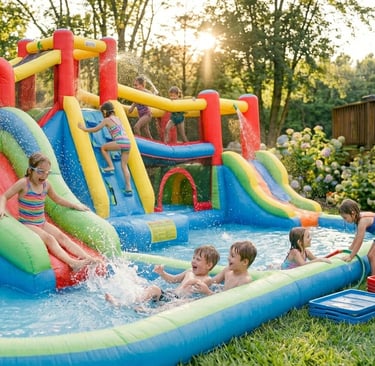 parent supervising small kids playing on inflatable water slide