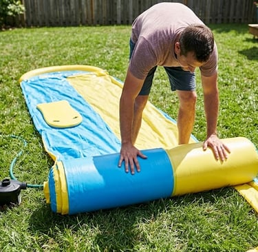 parent unrolling a slip and slide across a backyard lawn