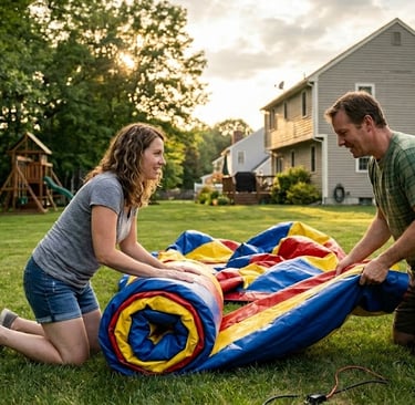 parents folding and rolling inflatable bounce house for storage