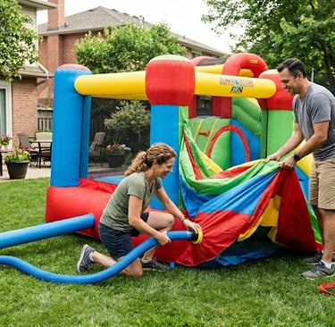 parents setting up bounce house in backyard