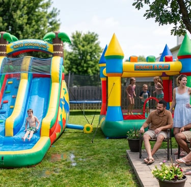 parents watching kids play on inflatables in a backyard