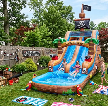 pirate‑themed decorations around an inflatable slide