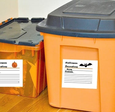 Plastic tubs with labels for Halloween decorations