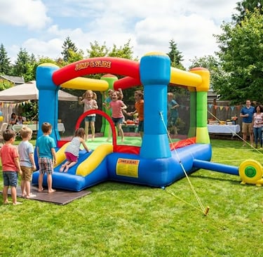 Safe bounce house power setup with blower, extension cord, and GFCI outlet outdoors