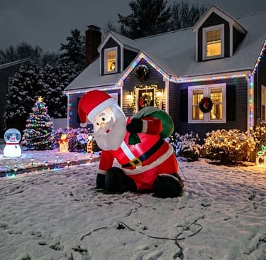 Santa inflatable display that is only 3/4 inflated in a front yard with other Christmas lights and d