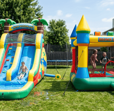side‑by‑side photo of a backyard water slide and a bounce house