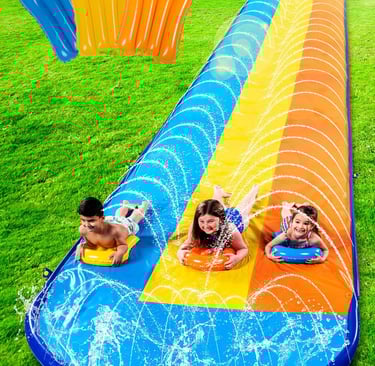 Sloosh Triple Water Slide with 3 BodyBoards, 18FT Lawn Slip Water Splash Slide Summer Toy Splash Pad