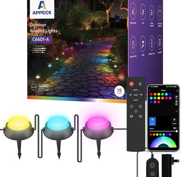 Smart Outdoor Ground Lights 15 Pack, 32FT RGBW Color Changing Pathway Lights Wired, IP65 Waterproof 