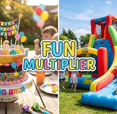 split image showing a birthday cake on one side and an inflatable slide on the other labeled Fun Mul