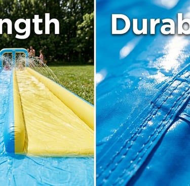 split image showing a long slip and slide labeled “Length” and a close‑up of PVC labeled “Durability