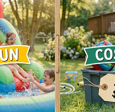 split image showing a water slide labeled “Fun” and a price tag labeled “Cost"