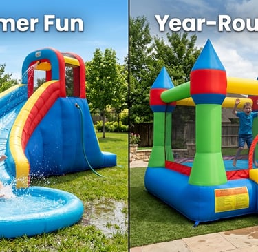 split image showing an inflatable water slide on one side and a bounce house on the other, labeled “