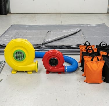 stakes, sandbags, blowers, and tarps for bounce houses