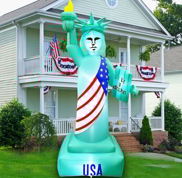 inflatable Statue of Liberty with flags in background