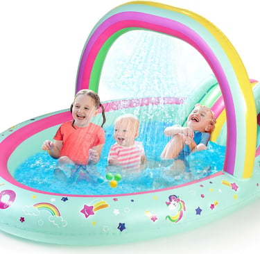 SULIFEEL Rainbow Unicorn Inflatable Play Center Kiddie Pool with Slide and Sprinkler for Children, 9