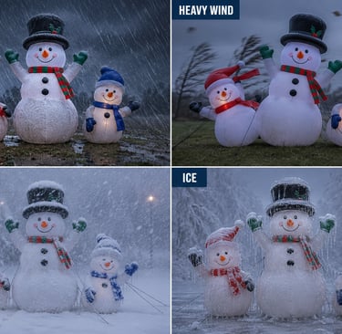 the same snowman inflatable display in heavy rain, heavy wind, snow storm, and ice