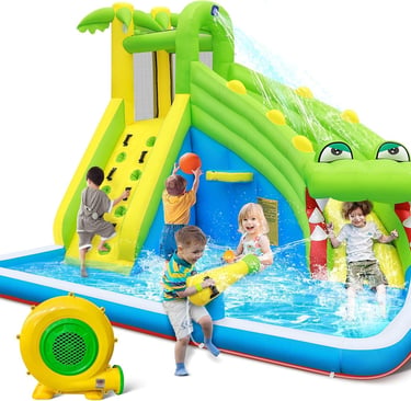 TOAOB Inflatable Water Slide：5 in 1 Crocodile Bounce House Water Park for Kids - Climbing Wall Splas
