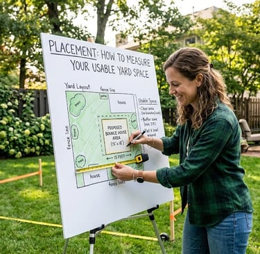 Woman creating diagram to fit bounce house in yard