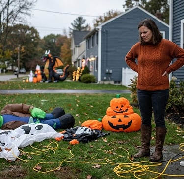 woman standing in front yard wondering why multiple halloween decorations are not inflating