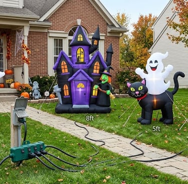 x4 Halloween inflatable displays plugged into one outlet using an adapter