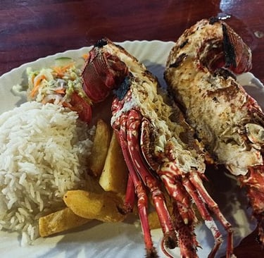 Grilled lobster on a rice and french fries bed