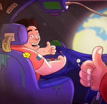 illustration d un homme dans un vaisseau spatial en compagnie de son amis ils on l aire heureux