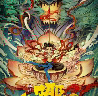 image du film Ne Zha 2 dans un style traditionnel chinois