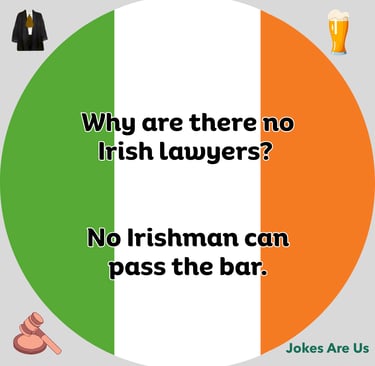 Joke with a text, "Why are there no Irish lawyers? No Irishman can pass the bar."