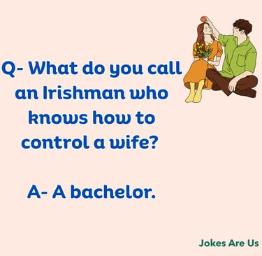 Written Text, "Q. What do you call an Irishman who knows how to control a wife? A. A bachelor."