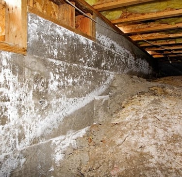 a crawl space floor with a cinder block wall with mold growth