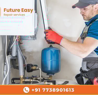 Technician geyser repair karte hue, Future Easy ke safety gear mein professional service dikhate hue