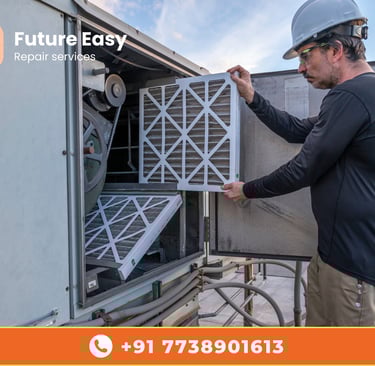 A person is inspecting an air conditioning unit.