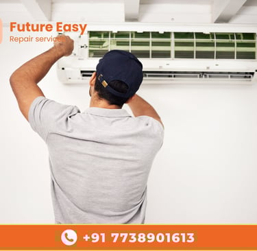 a man in a cap is fixing a air conditioner