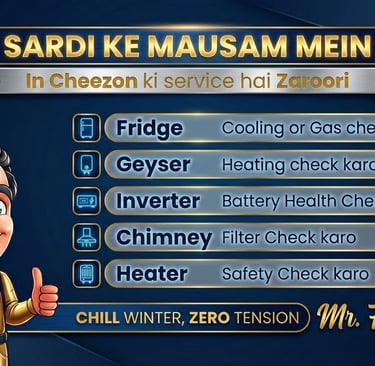 Winter appliance repair service checklist banner featuring Mr. Fixy, listing maintenance for fridges