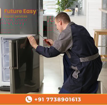 Future Easy technician repairing a refrigerator in a kitchen