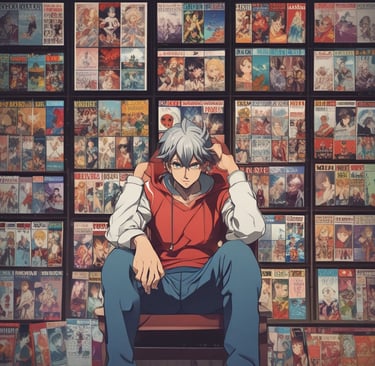 A storefront is brightly lit with an assortment of colorful posters and signs advertising DVDs, Blu-ray discs, books, and hobbies. The signs include both English and Japanese text. A TV screen displays a group of smiling people inside the store. The decor features vivid hues and animated characters, contributing to a lively and bustling atmosphere.
