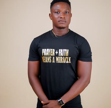 "Prayer+Faith means a miracle" Christian T-shirt. Gold letters on blackCotton