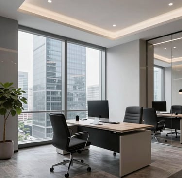 A sleek, minimalist desk with a crystal-clear glass vase holding fresh sky-blue flowers, bathed in soft natural light.