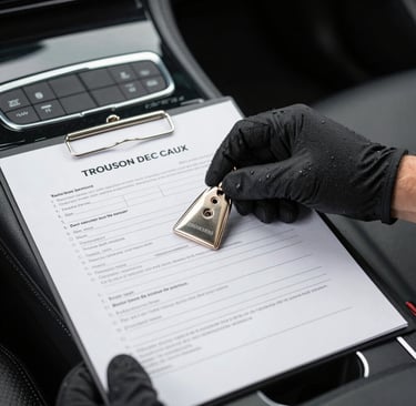 A driver carefully loading a vehicle onto a transport trailer under a clear blue sky.