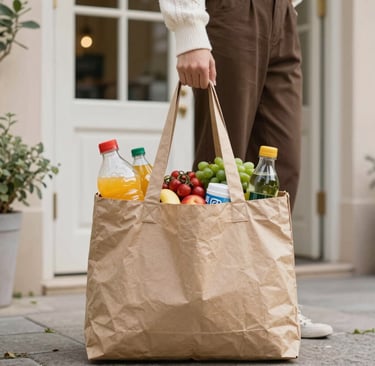 A bustling urban street scene with a delivery vehicle parked, driver handing over a package to a smiling customer.