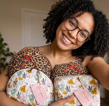 Smiling woman holding handmade leopard print and floral makeup bags by Olivia Grace.