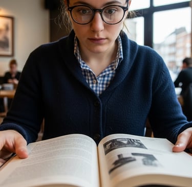 Visivelmente embaçado no primeiro plano (o livro e as mãos), perfeitamente nítido no fundo.